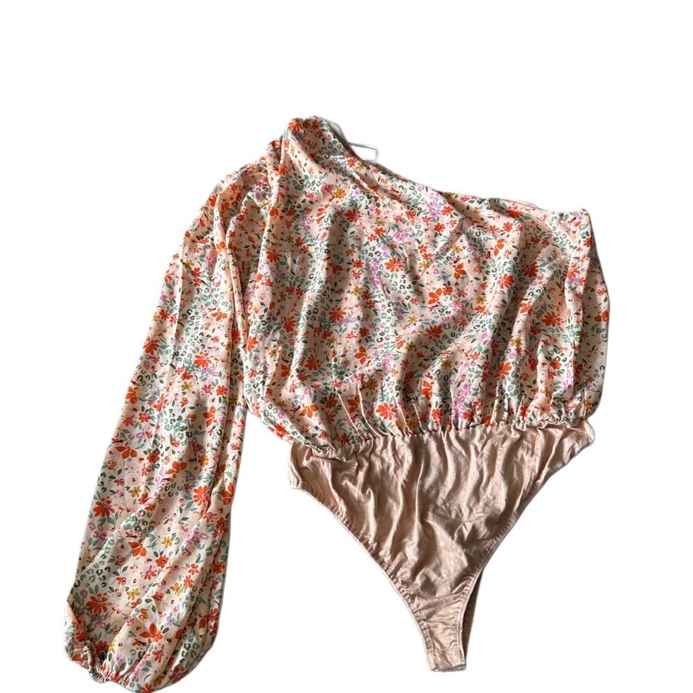 Heyson Floral Bodysuit - Cream and Orange with One sided Puff Sleeve